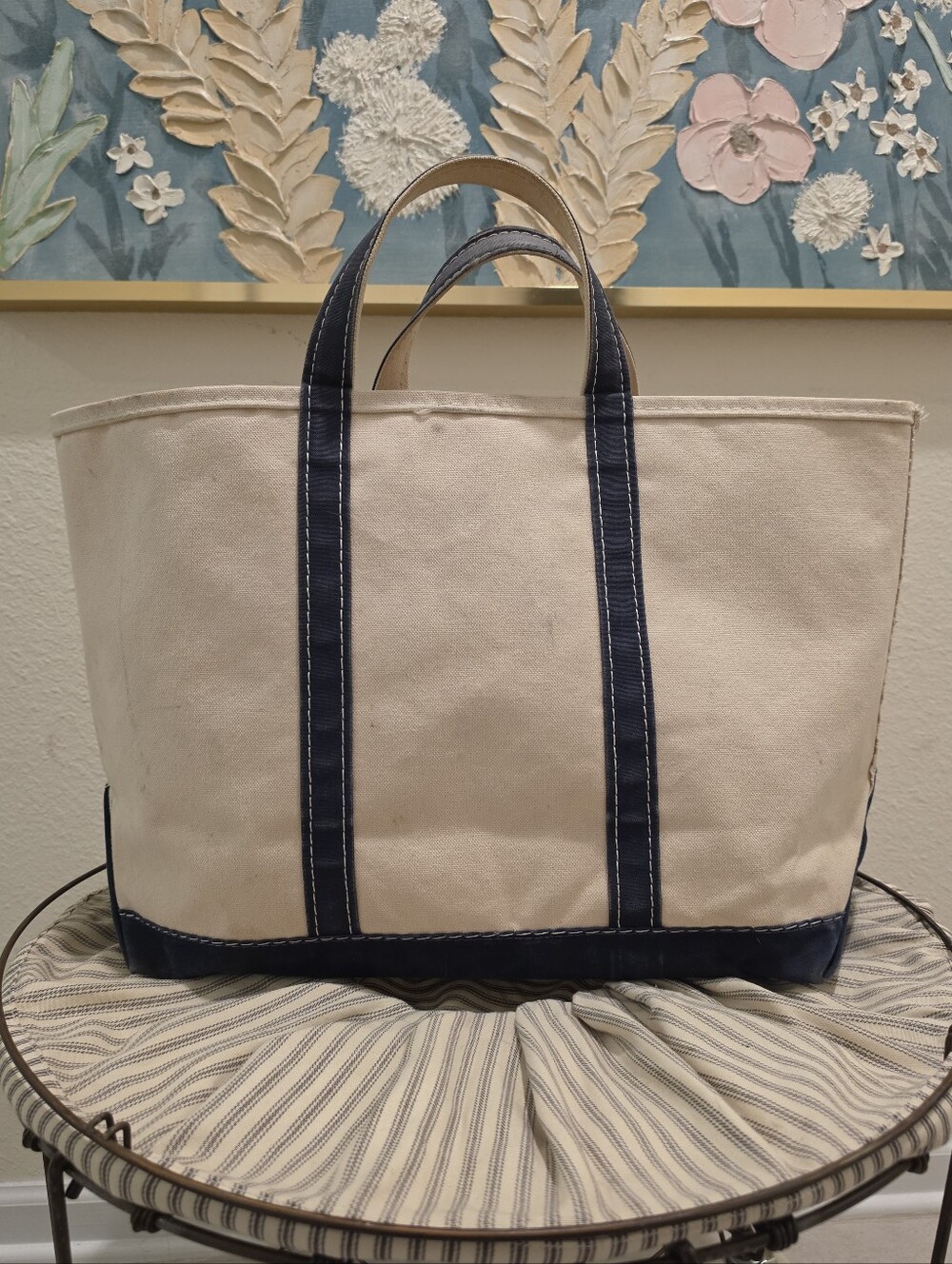 RARE VINTAGE 1970 1980's LL Bean Boat & Tote Large Navy Saw Tooth Tag Distressed
